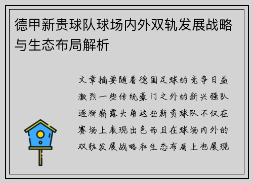 德甲新贵球队球场内外双轨发展战略与生态布局解析