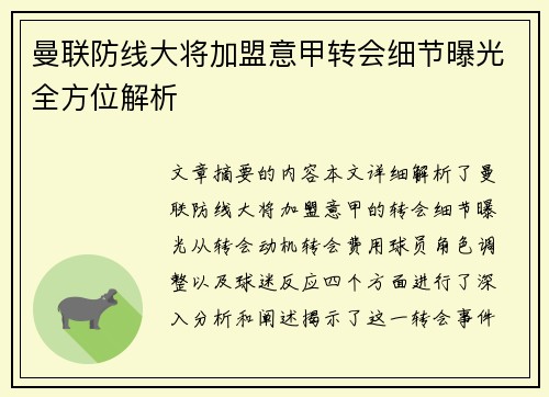曼联防线大将加盟意甲转会细节曝光全方位解析
