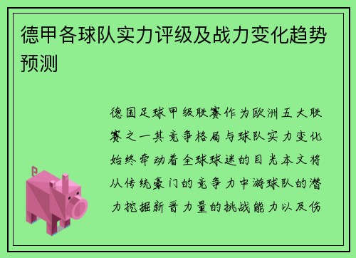 德甲各球队实力评级及战力变化趋势预测
